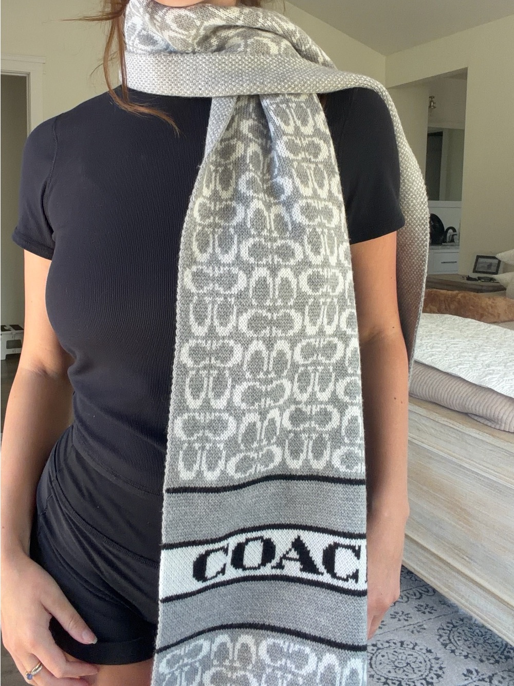 Coach Gray Logo Knit Scarf with Signature Pattern